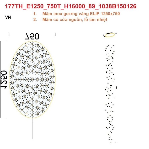 Đèn chùm bocci thả tự do TH177 gồm mâm inox gương vàng hình elip, 89 quả thả tự do, KT(mm): 1250*750*16000