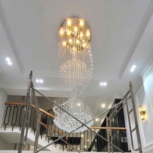 Đèn chùm pha lê thả thông minh PL093, mâm tròn inox gương trắng, KT(mm): D800 x H3000