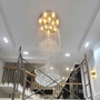 Đèn chùm pha lê thả thông minh PL093, mâm tròn inox gương trắng, KT(mm): D800 x H3000