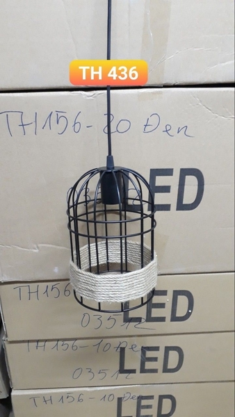 Đèn thả lồng chim quấn dây thừng thân đen, đui E27x1(chưa bóng)_TH436 Kích thước: 155x240mm