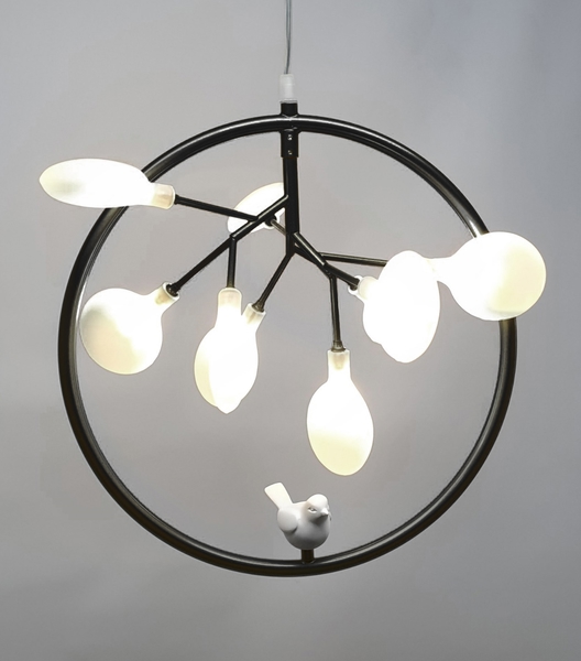 Đèn thả TH187C2_09 bóng, thân đen + 1 con chim + cây quay xuống , G4 x 9 , lá thủy tinh2 lòng , KT(mm) : D600