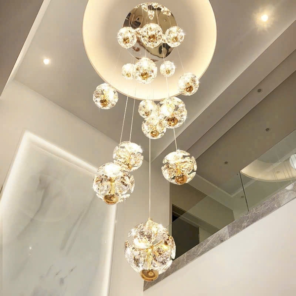 Bộ đèm chùm TH540 gồm 32 quả thả tự do, mâm inox gương vàng tròn, KT(mm): 800*3000