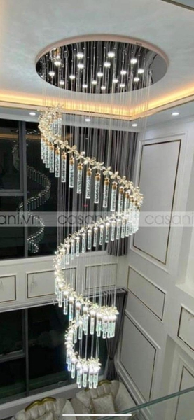 Bộ đèn chùm TH474 có hoa, mâm tròn inox gương trắng, 80 đèn thả tích hợp led công suất 2w dây dài nhất 7m, 6 mắt COB dimmer có điều khiển xa, KT(mm): D600 x H7000