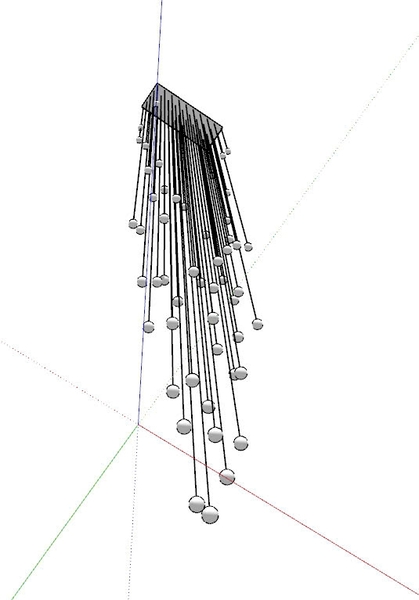 Bộ đèm chùm bocci TH177.1, gồm 100 quả thả tự do, mâm inox gương trắng 304 dày 1.2mm hình chữ nhật L1550 x W550mm, dây dài max 16m, KT(mm): L1550 x W550 x H16000