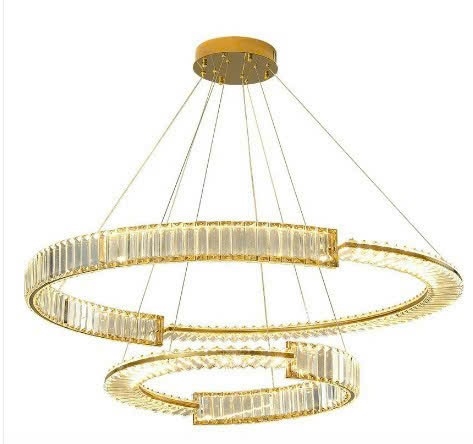 Đèn chùm Ring pha lê tam giác thân mạ đồng, tích hợp led dimmer 3 màu, mã TH509.1, KT (mm): D400.D600 bản 30x80 (ngang, dọc)