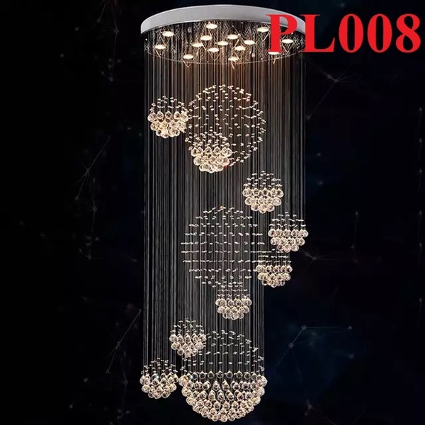 Đèn chùm pha lê thả thông minh PL008, Inox gương trắng, pha lê cầu xoắn ốc, KT(mm): D1400 x H4800. 723 hạt