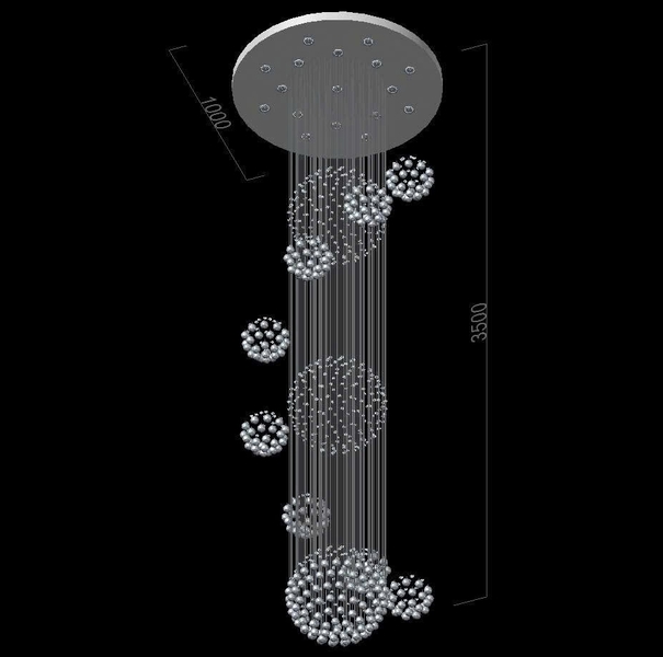 Bộ đèm chùm bocci TH177.1, gồm 60 quả thả tự do, mâm inox gương trắng D1000, , KT(mm): D1000 x H5000