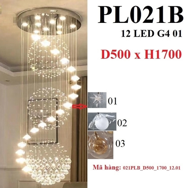 Đèn chùm pha lê thả thông minh PL021B, 103 lỗ treo dây, 26 hoa sao tán quang, 10 mắt COB dimmer 3 màu có điều khiển xa, mâm tròn inox gương trắng, KT(mm): D600xH4800