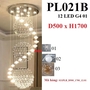 Đèn chùm pha lê thả thông minh PL021B, 103 lỗ treo dây, 26 hoa sao tán quang, 10 mắt COB dimmer 3 màu có điều khiển xa, mâm tròn inox gương trắng, KT(mm): D600xH4800