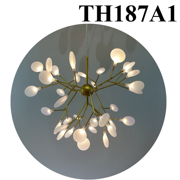 Đèn hera lá thủy tinh TH187A1 loại 36 bóng dạng cành thân mạ đồng, lá thủy tinh đục, KT(mm): 720 x 570
