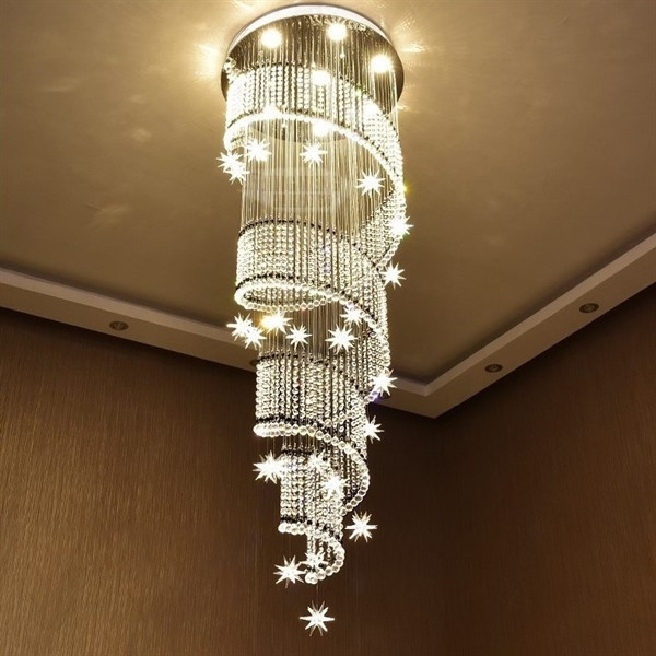 Đèn chùm pha lê thả thông tầng PL043 cao cấp dimmer 3 màu COB có điều khiển xa, mâm tròn inox gương trắng, KT(mm): D800 x H4000