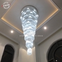 Đèn chùm phale PL024 trắng, 38 đui E14 trên mâm và dây thả E14, hạt pha lê D30mm và thanh pha lê xoắn màu trắng D20xH400mm, mâm tròn inox gương trắng, KT (mm): D1200xH4000