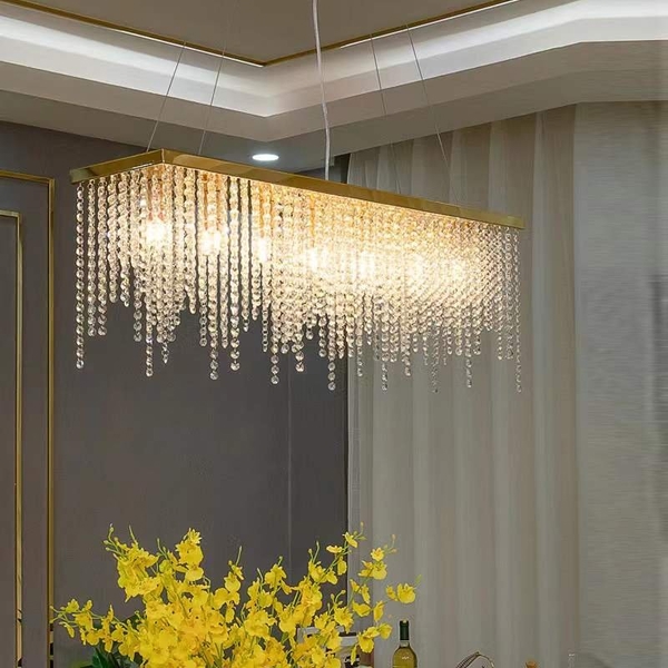 Đèn chùm pha lê thả thông minh PL061 móc vòng thả mưa rơi,  Inox gương vàng chữ S, KT(mm): 1000x2500x800