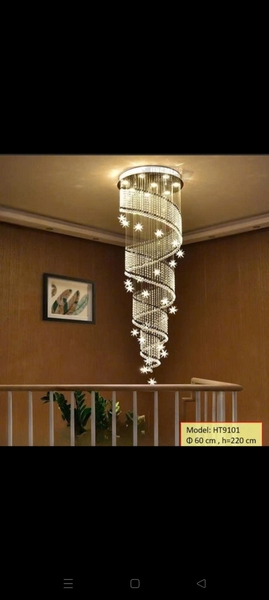 Đèn chùm trang trí pha lê 043PL,mâm inox gương trắng hình tròn, sao tán quang ,mắt COB dimmer 3 màu D40, điều khiển xa, KT(mm): D600xH2200