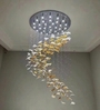 Bộ đèn chùm nghệ thuật PL030, gồm 220 lá phong, dây gắn hạt pha lê,  28 đèn led COB D40, 3 màu dimmer, điều khiển xa, mâm inox gương 8K màu trắng , KT(mm): D1500 x H1700