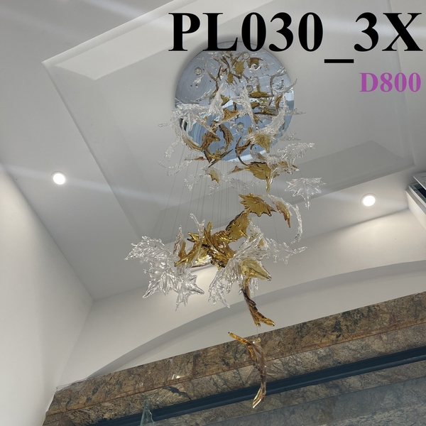 Đèn chùm pha lê thả thông minh PL030 gồm 58 lá phong, mâm tròn inox gương trắng, 9 mắt COB dimmer có điều khiển xa, KT(mm): D800 x H2300