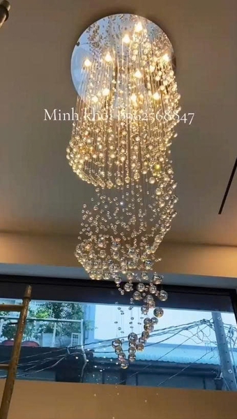 Đèn chùm pha lê thả thông minh PL071, Inox gương trắng tròn, mắt COB 3 màu dimmer, điều khiển xa , KT(mm): D800xH3200