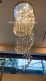Đèn chùm pha lê thả thông minh PL071, Inox gương trắng tròn, mắt COB 3 màu dimmer, điều khiển xa , KT(mm): D800xH3200