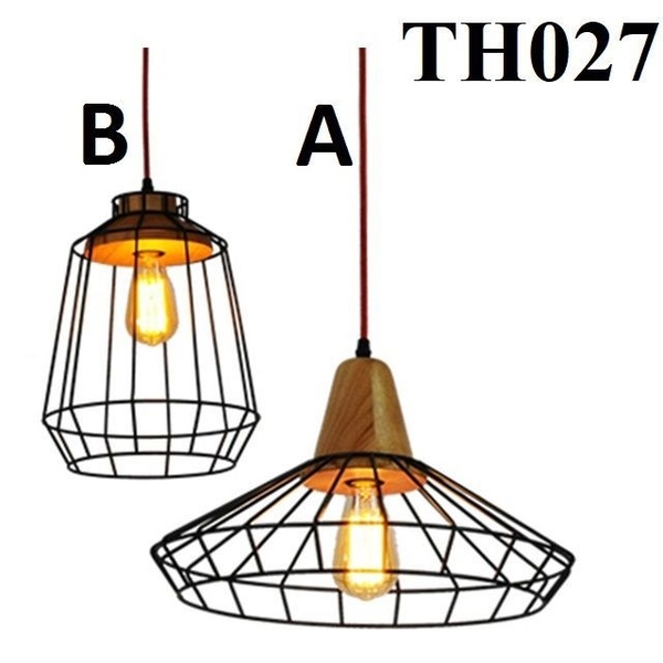 Đèn thả rọ sắt dáng B thân đen, đui sắt giả gỗ đui E27x1(chưa bóng)_TH027 Kích thước: 250x300mm