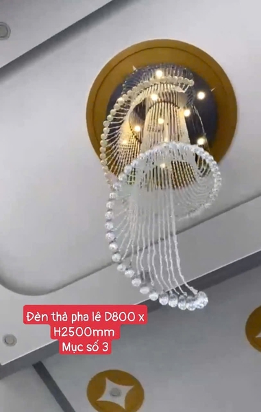 Đèn chùm pha lê thả thông tầng 074PL cao cấp 12 đèn dimmer 3 màu COB có điều khiển xa, mâm tròn inox gương trắng, KT(mm): D800 x H2500