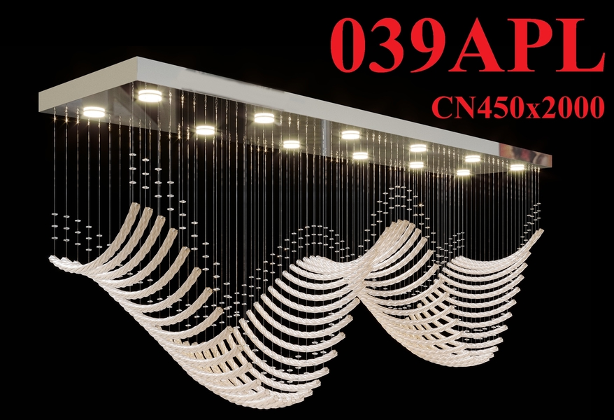 Bộ đèn chùm ống thủy tinh cong PL039.A, mâm hình chữ nhật inox gương trắng, 42 ống thủy tinh hổ phách, có điều khiển xa, đèn dimmer COB 3 màu max 84W min 12W, KT(mm): L1400*W450*H700