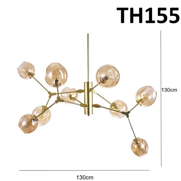 Đèn chùm Lindsey 9 tay chao thủy tinh hổ phách thân mạ đồng, E27x 9 đui (chưa bóng), mã TH155.2, KT(mm): D1060xH730, thanh treo điều chỉnh 505+300