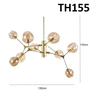 Đèn chùm Lindsey 9 tay chao thủy tinh hổ phách thân mạ đồng, E27x 9 đui (chưa bóng), mã TH155.2, KT(mm): D1060xH730, thanh treo điều chỉnh 505+300