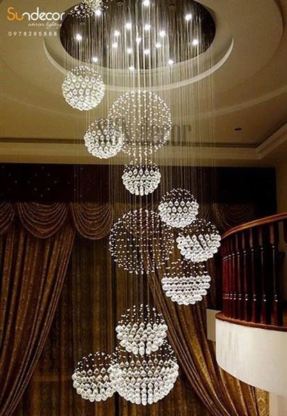 Đèn chùm pha lê thả thông minh PL008, Inox gương trắng, pha lê cầu xoắn ốc, KT(mm): D1000 x H3300