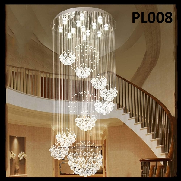 Đèn chùm pha lê thả thông minh PL008, Inox gương trắng, pha lê cầu xoắn ốc, mắt COB dimmer có điều khiển xa, KT(mm): D1200 x H3400