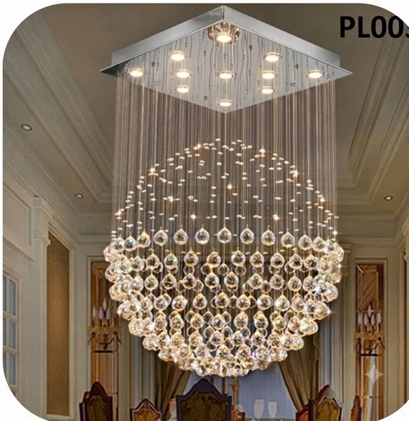 Đèn chùm pha lê thả thông tầng PL003 cao cấp dimmer 3 màu COB có điều khiển xa, mâm âm trần hình tròn inox gương trắng, KT(mm): 800 x 1000