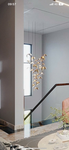 Đèn chùm cánh chim thông tầng 101PL, gồm 40 cánh chim có bóng led 3W, mâm inox gương 8K mạ Chrome trắng gương, KT(mm): D800 x H2500