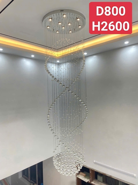 Đèn chùm pha lê thả thông minh PL022, Inox gương trắng tròn, mắt COB dimmer có điều khiển xa, KT(mm): D800 x H2600