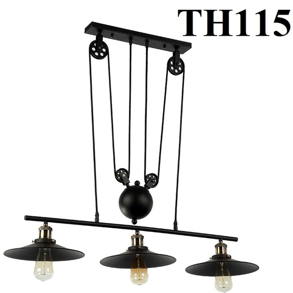 Đèn thả ròng rọc khung 3 bóng, 1 trùy sắt thân đen chao đĩa nông D300mm đui E27x3(chưa bóng)_TH115