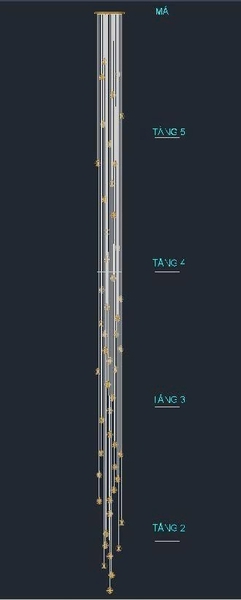 Đèn thông tầng TH540 pha lê cẩm tú cầu gồm:  Mâm inox gương 8K vàng gương, Đèn thả đơn TH540  : 50 Cái, Dây điện cáp bocci: 332.5 m. KT(mm): 800*16000