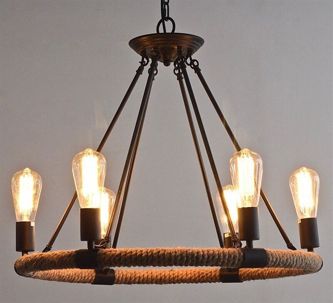 Đèn thả sắt tròn cuốn dây thừng TH202, E27 x 6, KT(mm): 600