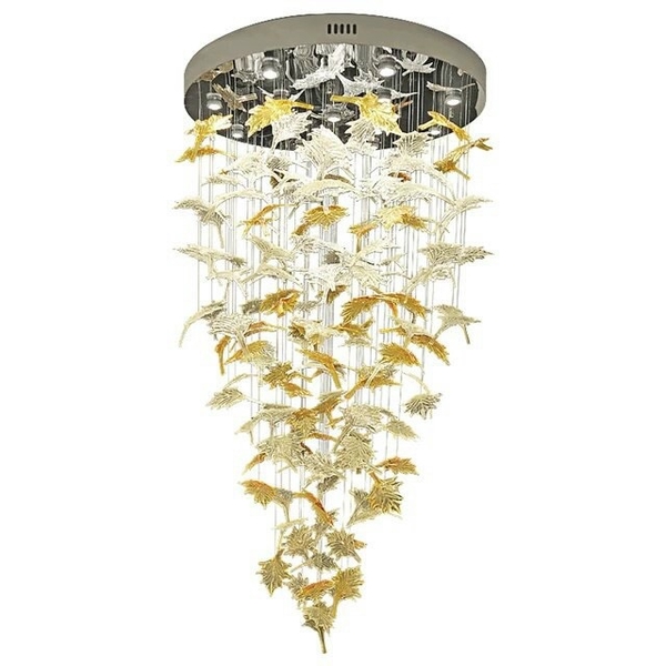 Đèn chùm pha lê thả thông minh PL030_50 lá phong, Inox gương hình tròn trắng, 10 mắt COB, KT(mm): D600xH1500