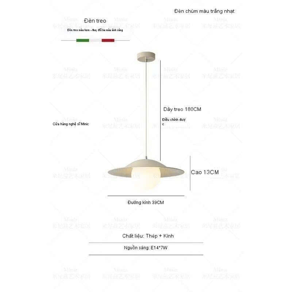 Thả chao sắt 555TH chao trắng chụp trắng đui E14 KT(mm): D400 x H130