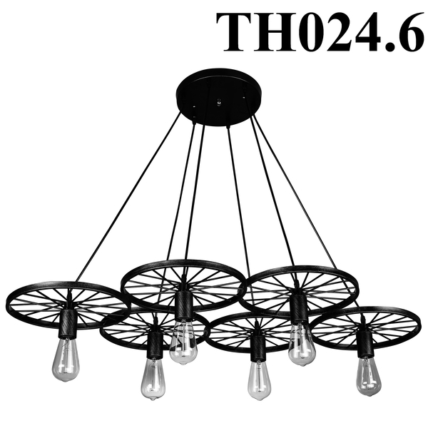 Đèn thả rọ sắt hình bánh xe sáu thân đen, đui E27x6(chưa bóng)_TH024 Kích thước: 1150x600mm