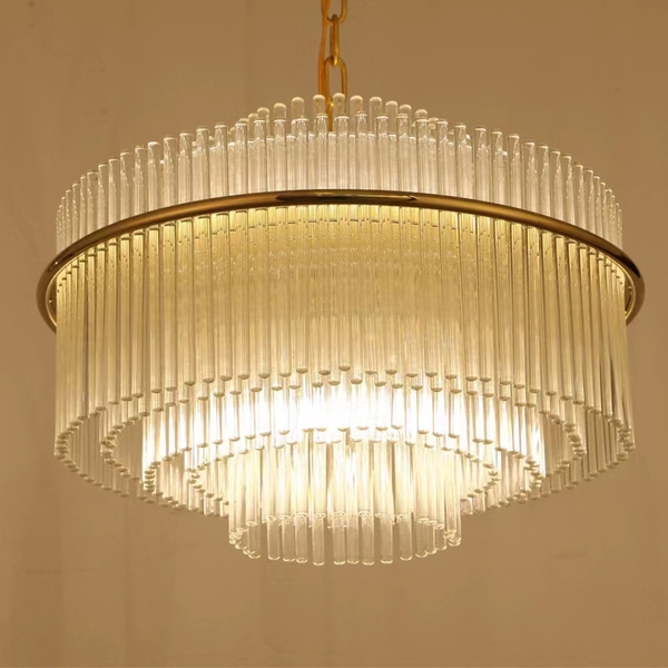 Đèn chùm tròn thả 5 tầng thanh pha lê đũa, G4 x 18 đui (gồm bóng đổi màu), mã HD060, KT(mm): D1000 x H600 (xích thả dài 1000mm)