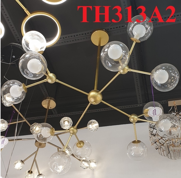 Đèn chùm thả TH313A2 thân vàng, 12 bóng G9 (chưa bóng), chao D100mm 2 lớp trắng đục + trắng trong, KT(mm):