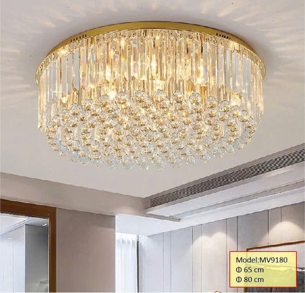 Đèn chùm pha lê thả thông minh PL024 gồm 1 tầng,  COB dimer 3 màu có điều khiển xa, mâm inox gương trắng hình tròn, KT(mm): D800 x H210