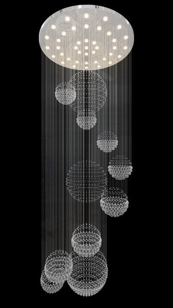Đèn chùm pha lê thả thông minh PL008, Inox gương trắng, pha lê cầu xoắn ốc, KT(mm): D1500 x H3600, 1141 hạt