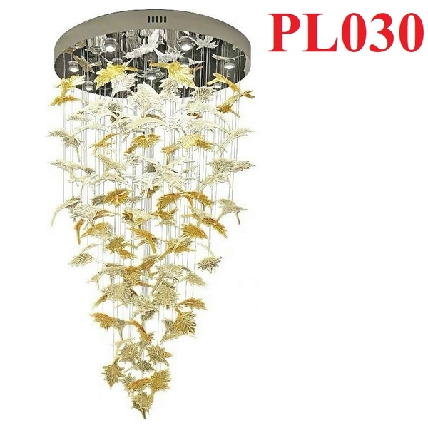 Đèn chùm pha lê thả thông minh PL030 gồm 120 lá phong ( 80 lá hổ phách + 40 lá trắng), Inox gương trắng, KT(mm): D1000xH2800