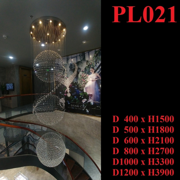 Đèn chùm pha lê thả thông minh PL021A, đèn dimmer 3 màu có điều khiển xa, KT(mm): D650 x H3000