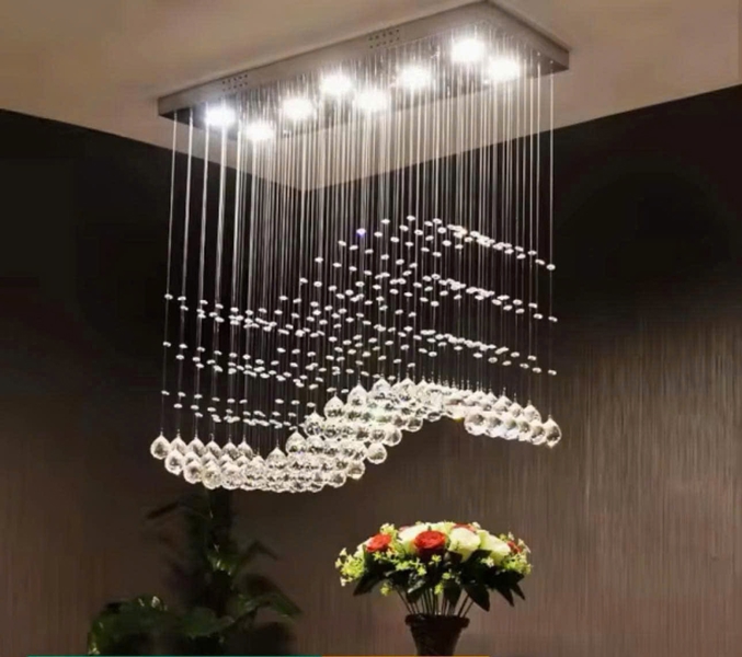 Đèn chùm pha lê thả thông minh PL007 lượn sóng, mâm inox gương trắng hình chữ nhật, KT(mm): L1700 x W300 x H890