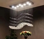 Đèn chùm pha lê thả thông minh PL007 lượn sóng, mâm inox gương trắng hình chữ nhật, KT(mm): L1700 x W300 x H890