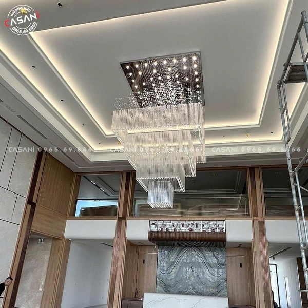 Đèn chùm pha lê thả thông minh PL070,C mắt COB dimmer có điều khiển xa, mâm vuông inox gương trắng, KT(mm):800x800x3000