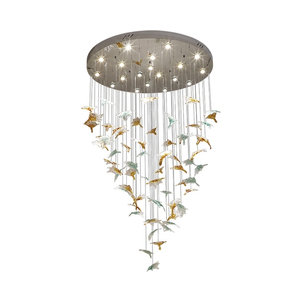 Đèn chùm pha lê thả thông minh PL030 gồm 67 lá phong bao gồm 34 030TT_150x180HT, và 33 lá 030TT màu xanh ,mâm inox gương trắng, 18 mắt COB D40 dimmer có điều khiển xa, KT(mm): D1200 x H3000