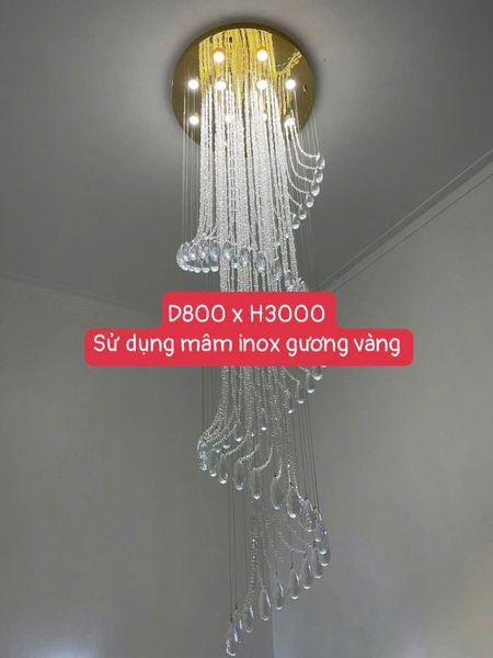 Đèn chùm pha lê thả thông tầng PL074 cao cấp dimmer 3 màu COB có điều khiển xa, mâm tròn inox gương vàng, KT(mm): D800 x H3000