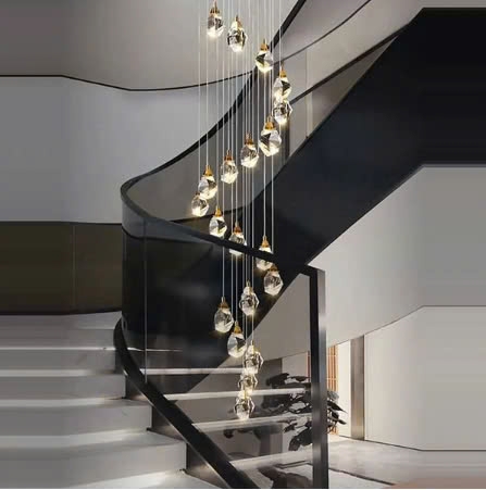 Bộ đèn chùm pha lê cao cấp TH505.1, mâm inox gương vàng hình vuông bo tròn góc, gồm 30 quả thả xoắn ốc, đã gồm bóng led 5W, KT(mm): L800 x W800 x H3000